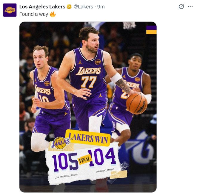 东契奇下半场低迷难阻湖人连胜 肯纳德绝杀助其